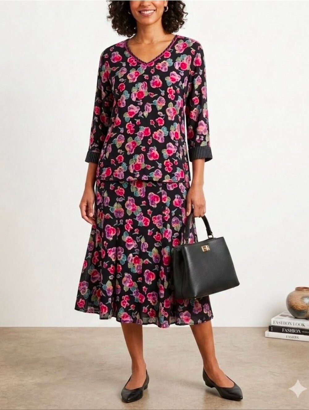 Vtg 1980-90s Carole Little 2Pieces Blouse&Maxi SkirtSet Black Floral Rayon Women